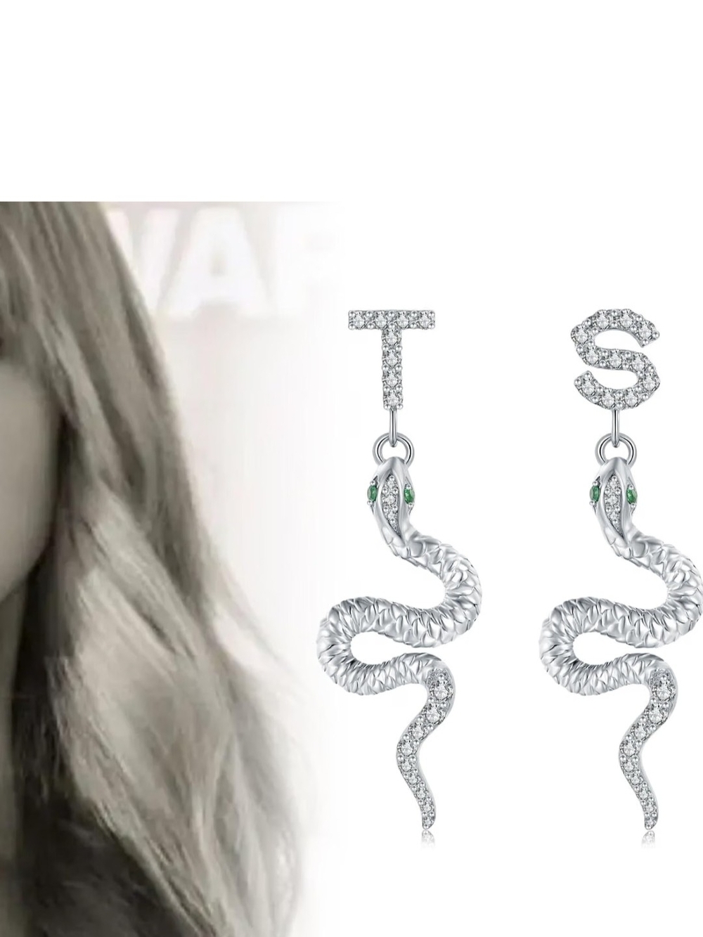 Taylor Swift Silver Snake Drop Earrings with Green Accents